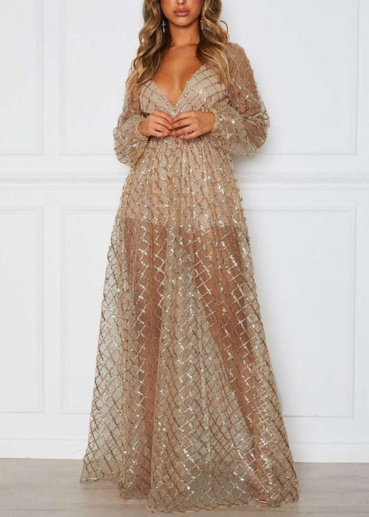 Gold V-neck Check Sequin Dress Long Sleeve