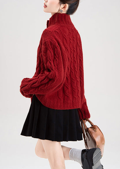 Red Stand Collar Button Cable Knit Coat Winter