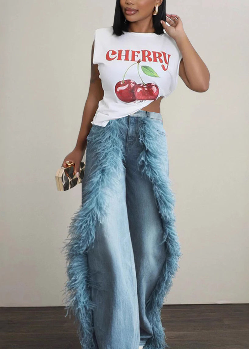 Italian Blue Tasseled Pockets Patchwork Denim Pants Fall