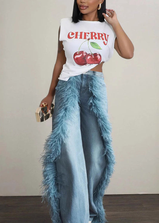 Italian Blue Tasseled Pockets Patchwork Denim Pants Fall