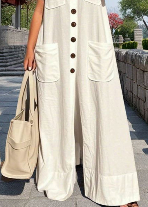 Style White V Neck Button Pockets Cotton Jumpsuits Summer