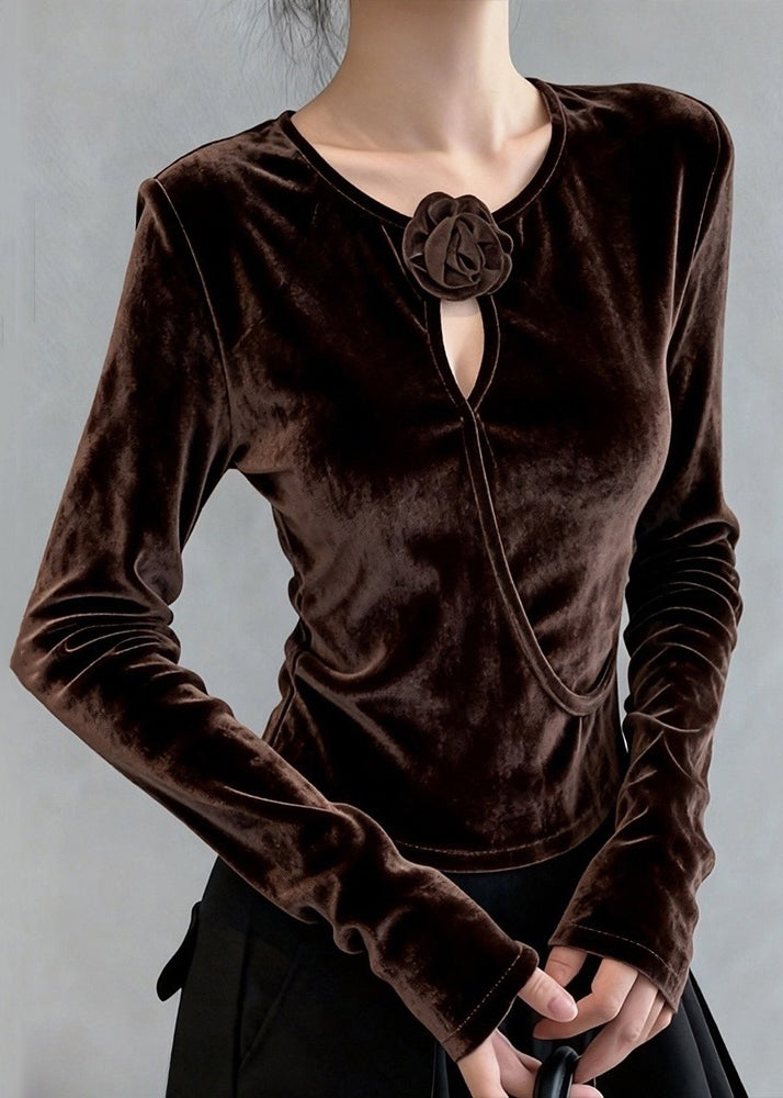 Coffee O Neck Hollow Out Silk Velour T Shirt Top Winter
