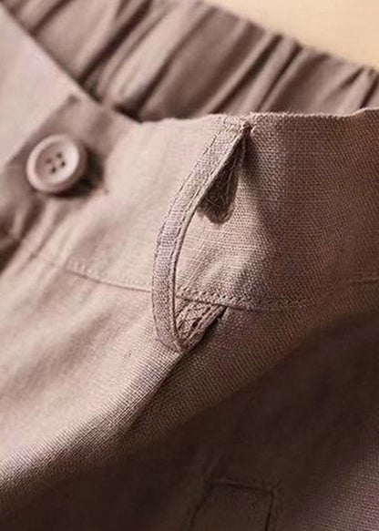 Brown Pockets Elastic Waist Button Linen Straight Pants Summer