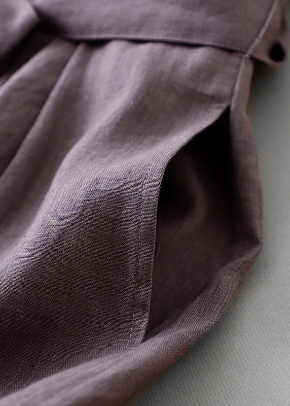 Purple O Neck Tie Waist Pockets Linen Long Dress Summer