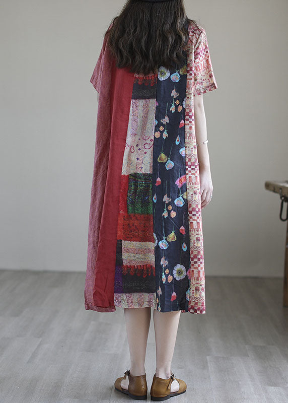 Red Loose Patchwork Linen Fall Short Sleeve Long Dresses