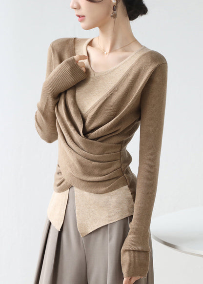 Khaki Cross Patchwork False Two Pieces Knit Top Winter