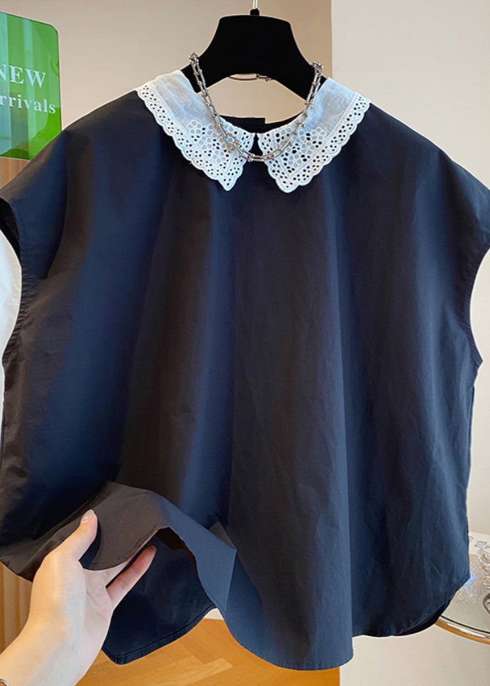 Black Peter Pan Collar Cotton Shirts Top Summer