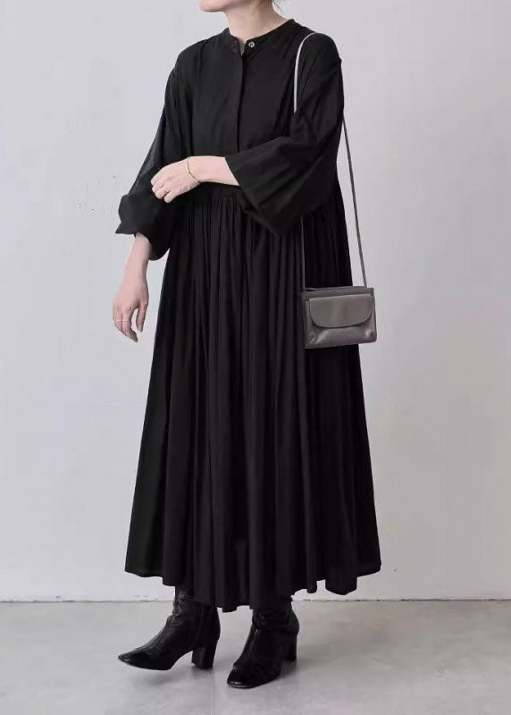 Grey Wrinkled Patchwork Cotton Dresses Lantern Sleeve