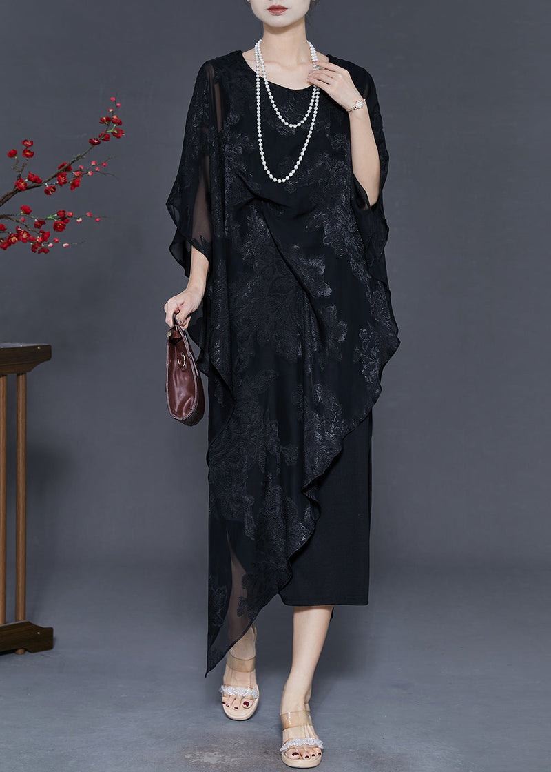 Black Cold Shoulder Jacquard Silk Dresses Summer