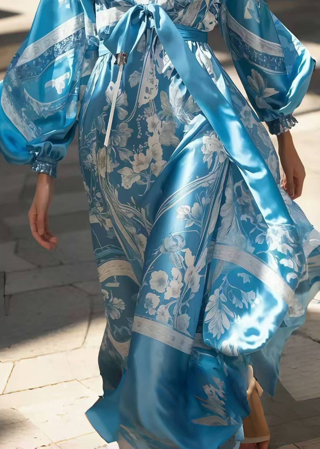 Blue Print Draping Silk Maxi Dress Lantern Sleeve