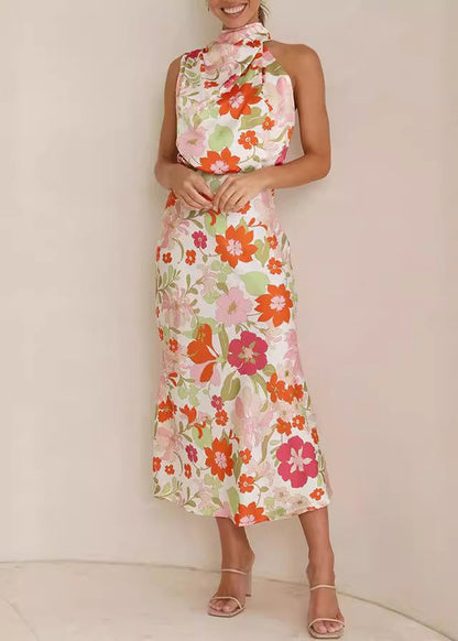 French Orange Print Lace Up Silk Dress Sleeveless