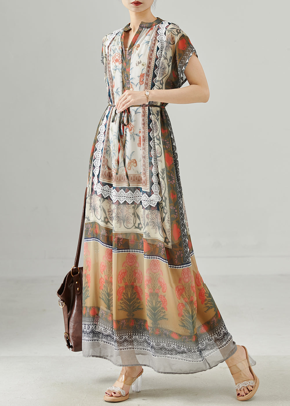 Khaki Oversized Print Chiffon Beach Dresses Summer