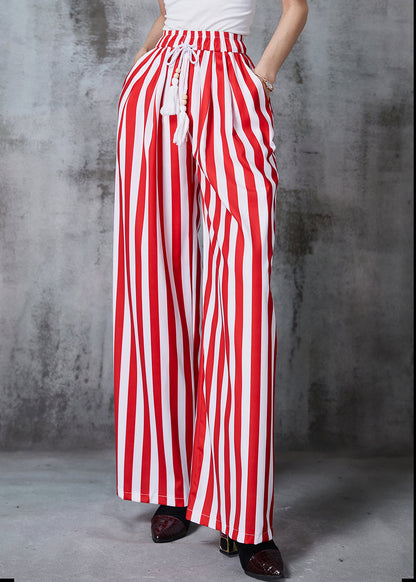 Red Striped Cotton Wide Leg Pants Tasseled Summer
