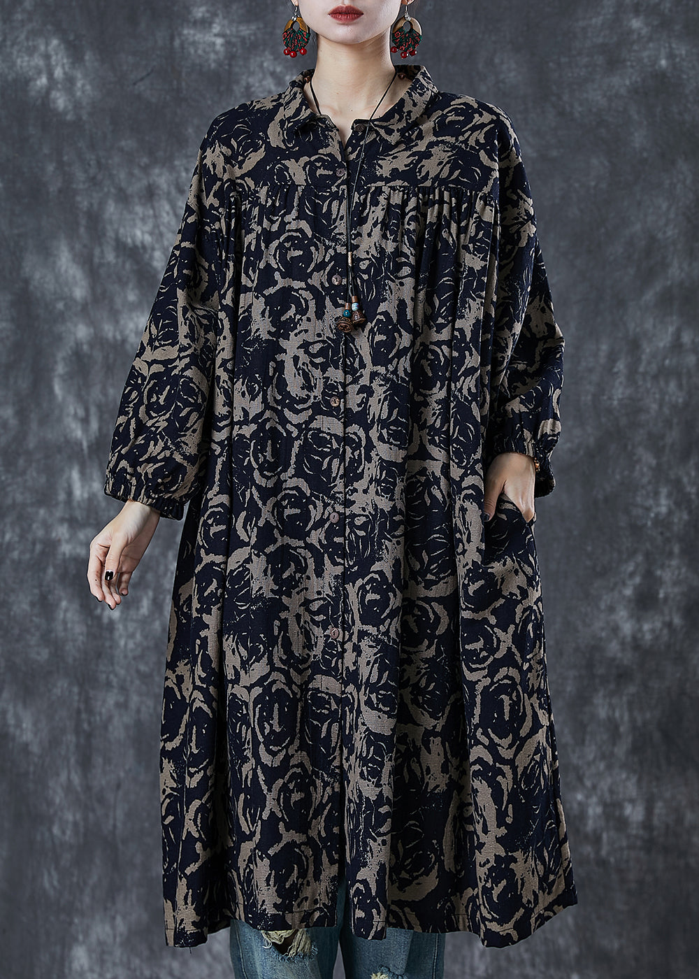 Coffee Print Cotton Shirt Dress Oversized Spring