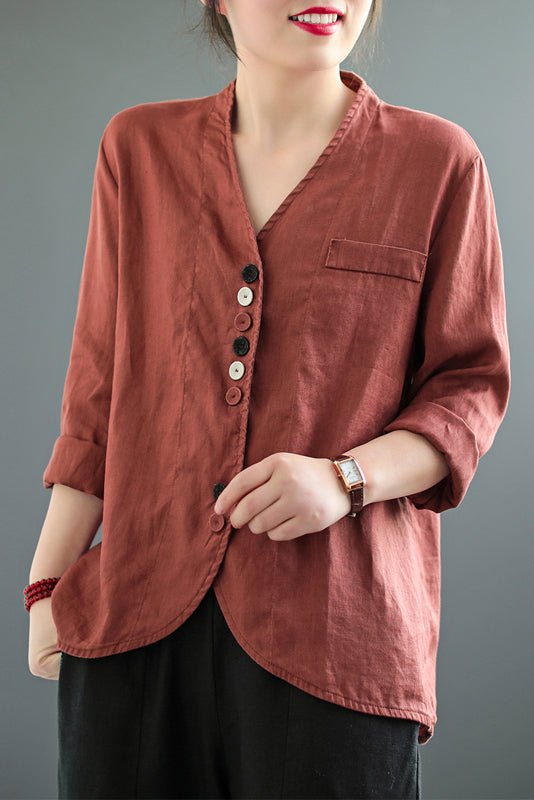 - Color Cotton Linen Short Coat Long Sleeve Cardigan