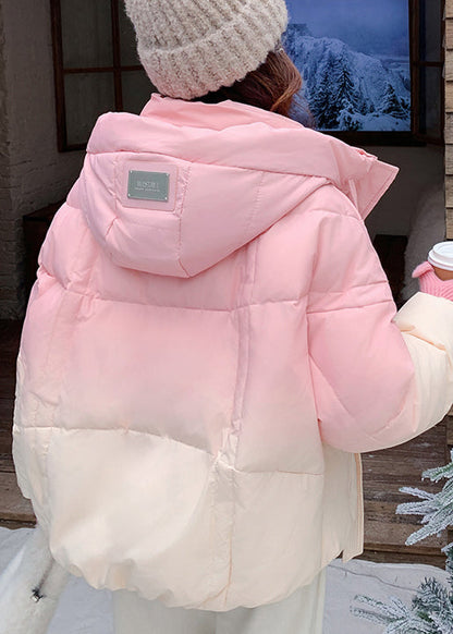 Pink Gradient Color Hooded Zippered Duck Down Coats Winter