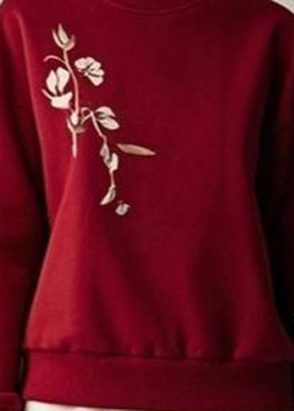 Red Patchwork Print Fall Sweatshirts Top