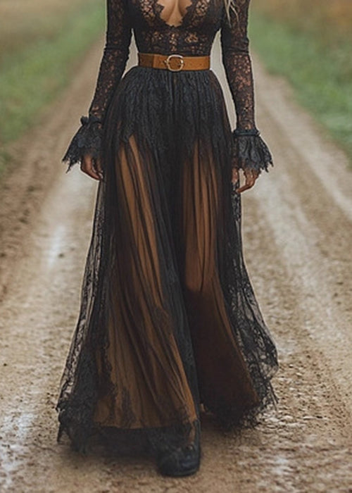 Slim Fit Black V Neck Hollow Out Lace Long Dress Spring