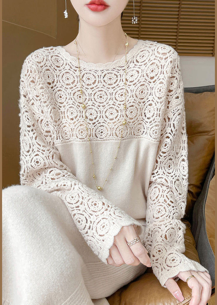 Beige Hollow Out Wool Knit Sweater Winter