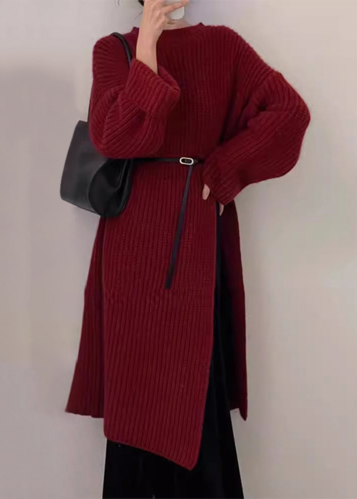 Red O Neck Side Open Knit Long Sweater Winter