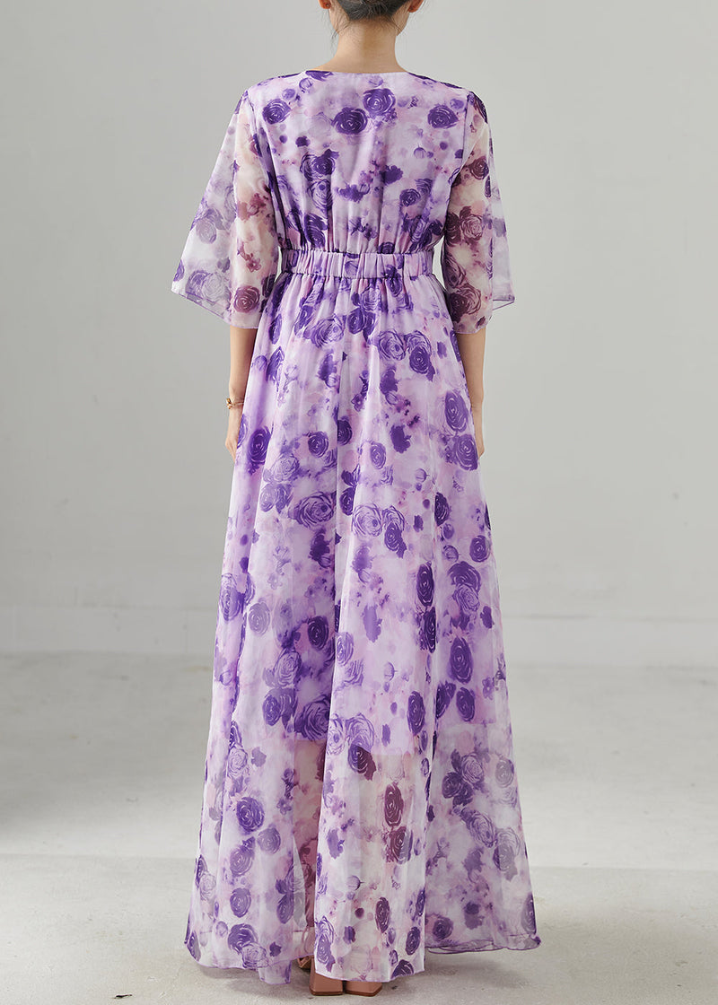 Purple Print Exra Large Hem Chiffon Long Dresses Summer