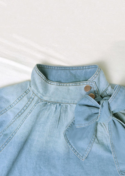 Loose Blue Stand Collar Lace Up Denim Shirt Lantern Sleeve