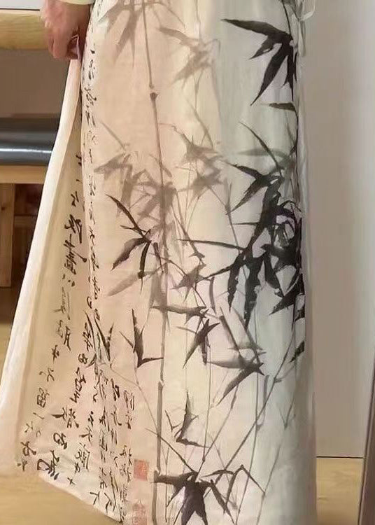 Chinese Style Bamboo Ink Painting Lace Up Dress for Summer