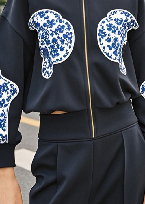 Black Zip Up Patchwork Print Cotton Coat Fall