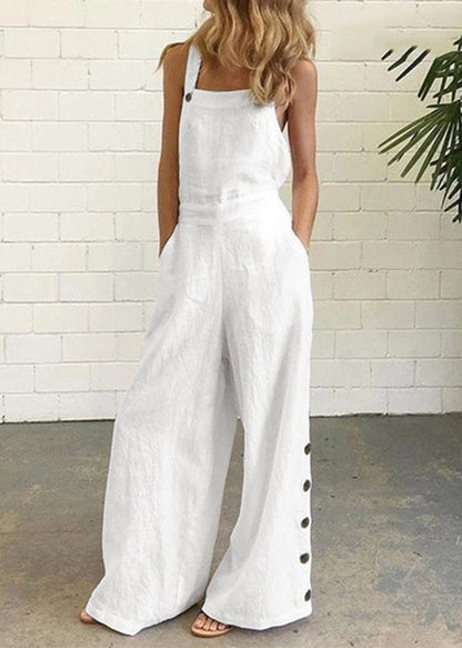 Khaki Pockets Button Patchwork Cotton Jumpsuit Summer
