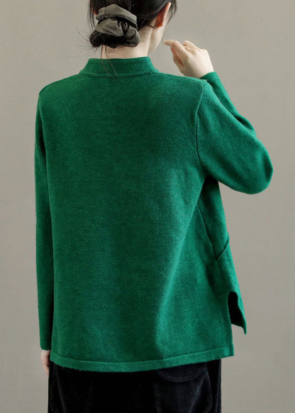 Beige Stand Collar Embroidered Chinese Style Knit Tops Spring