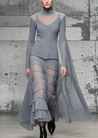 Grey High Neck Patchwork Exra Large Hem Knit Long Dress Fall