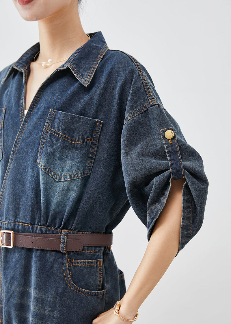 Navy V Neck Denim Holiday Dress Spring