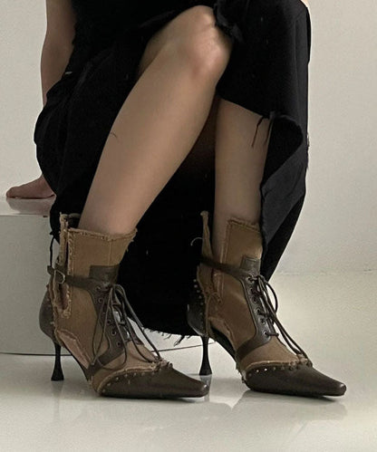 Stylish Cowhide Leather Dark Brown Splicing High Heel Boots Lace Up