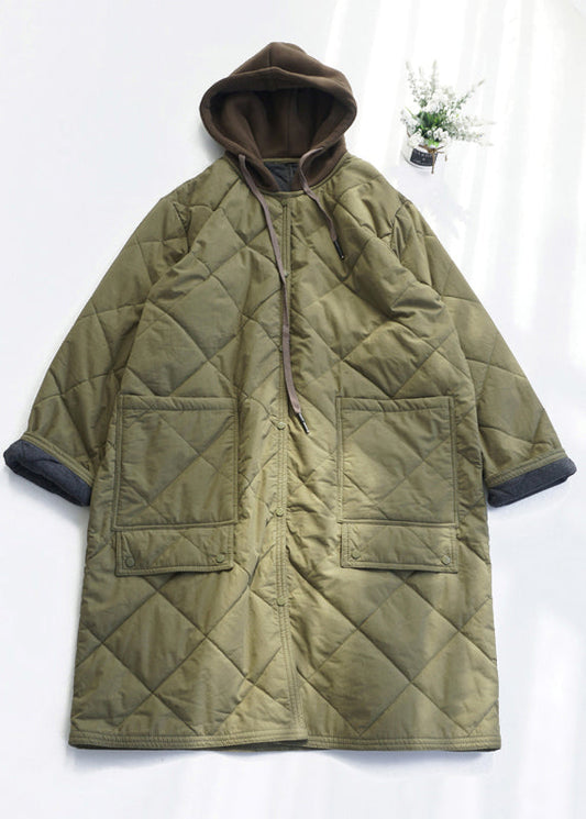 Army Green Pockets Fine Cotton Filled Hooded Coat Fall