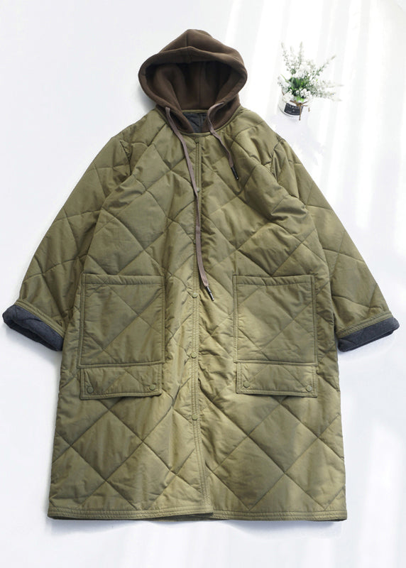 Army Green Pockets Fine Cotton Filled Hooded Coat Fall