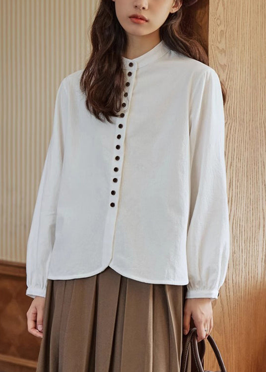 Loose Beige Stand Collar Button Cotton T Shirts Fall