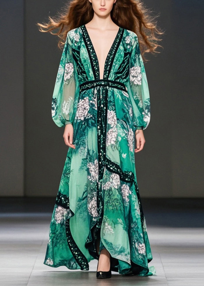 Green Print Chiffon Maxi Dresses Deep-v Neck Fall