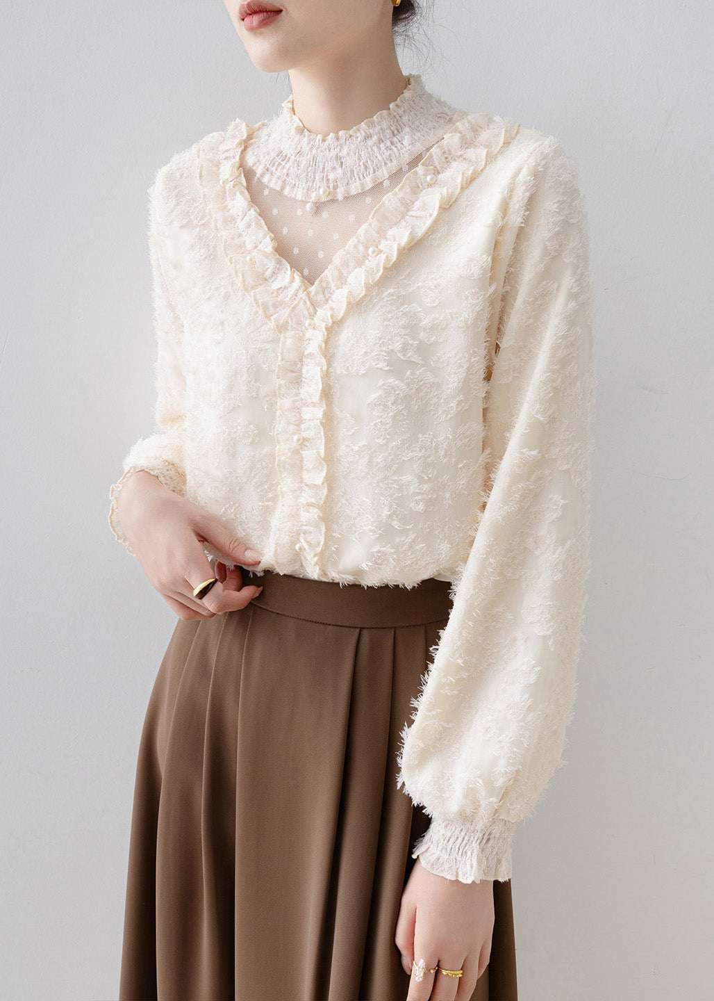 Natural Apricot Ruffled Patchwork Warm Fleece Blouse Tops Spring