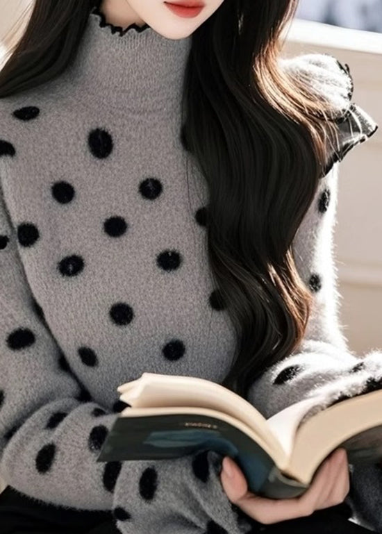 Grey Ruffled Patchwork Knitted Sweaters Tops Spring