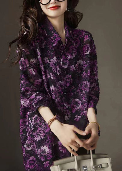 Purple Print Peter Pan Collar Button Chiffon Shirts Fall