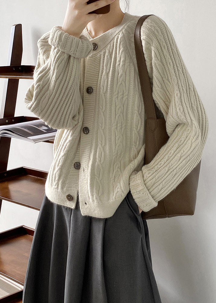 French Grey O-neck Button Cable Knit Coat Fall