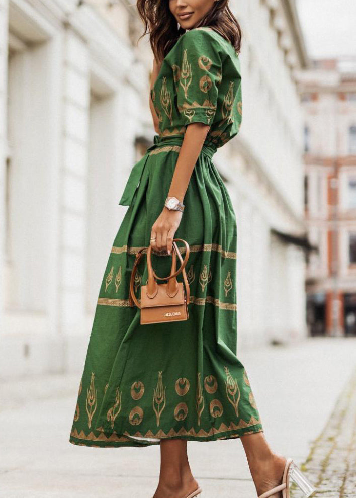 Stylish Green Stand Collar Print Tie Waist Cotton Dress Summer