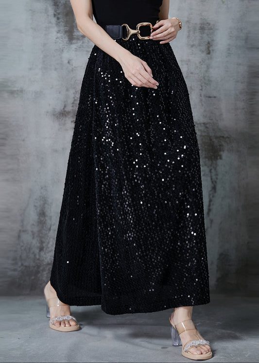Stylish Black Sequins Cotton a Line Skirts Fall