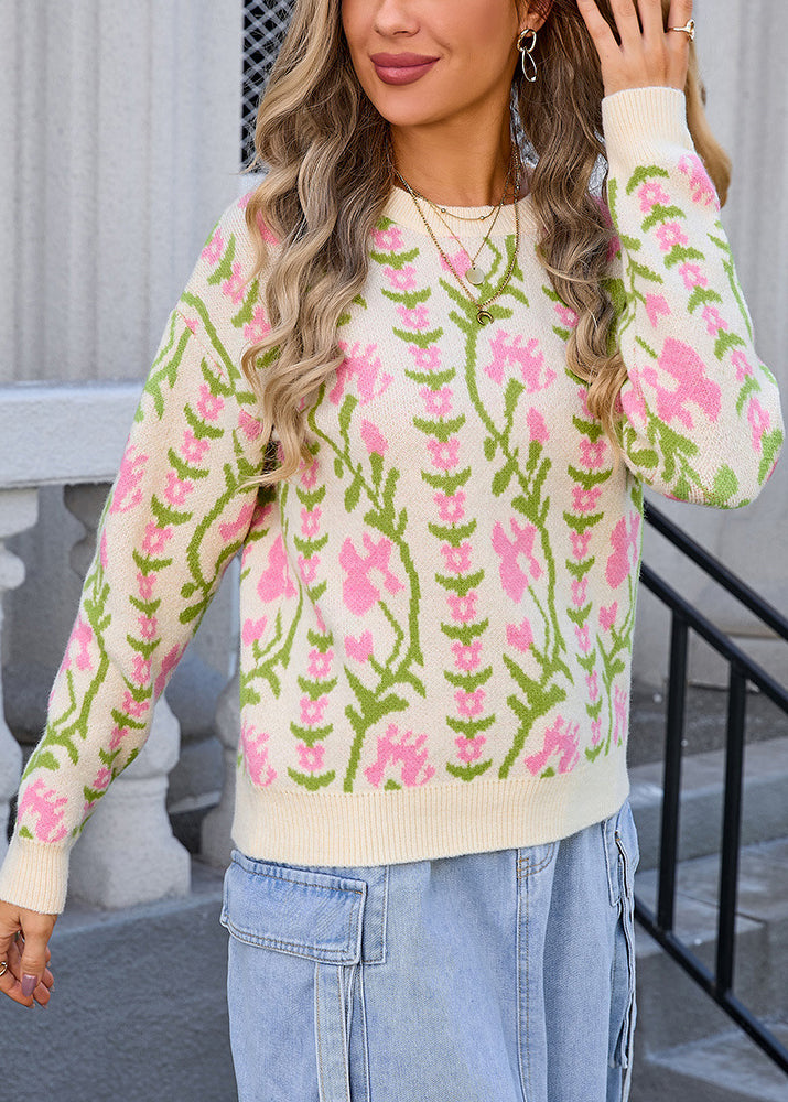 Apricot O Neck Jacquard Thick Knit Sweaters Winter