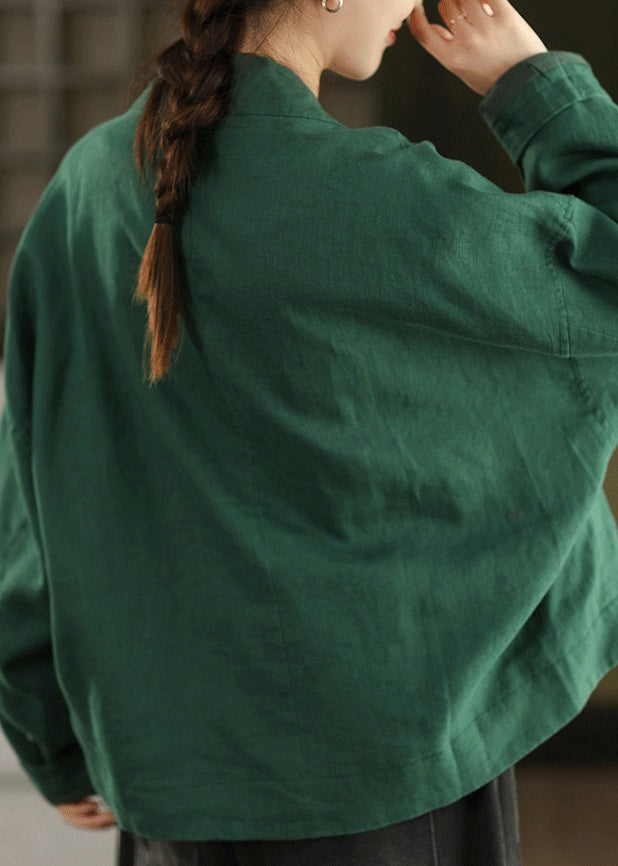 Loose Green V Neck Coats Long Sleeve