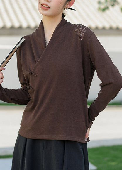 White V Neck Embroidered Oriental Button Cotton Shirt Spring