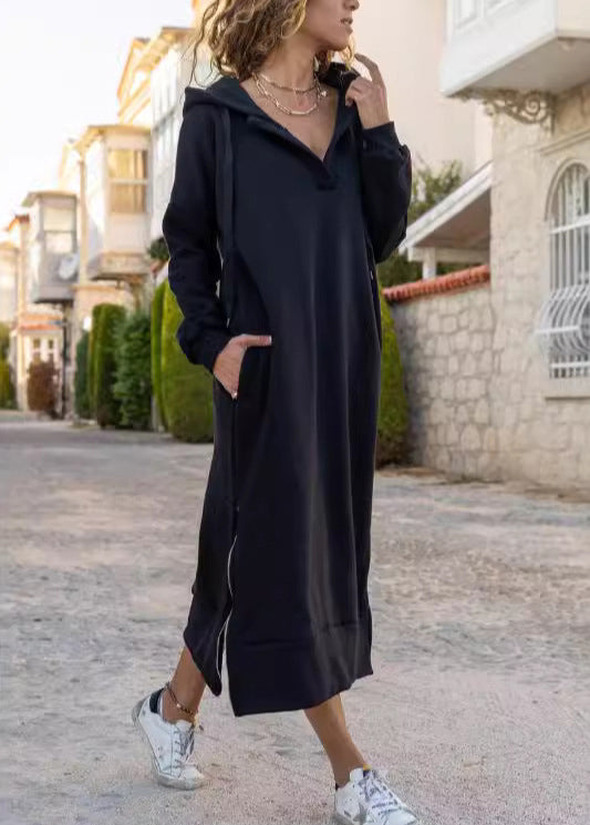 Italian Grey Hooded Side Open Warm Fleece Long Dress Fall