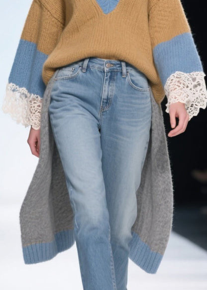 Brown Low High Design Patchwork Long Sweaters Winter
