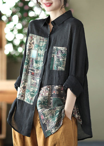 Black Peter Pan Collar Print Linen Shirt Long Sleeve
