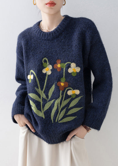 Simple Navy O Neck Knit Pullover Spring